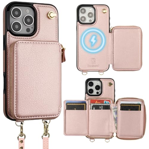 Bocasal for MagSafe Crossbody Wallet Case Compatible with iPhone 16 Pro Max, RFID Blocking Protective Purse Case with Card Slots Holder Kickstand Wrist Strap Lanyard Zipper 6.9 Inch 5G (Rose Gold)