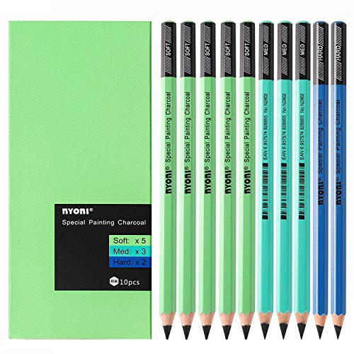Professional Charcoal Pencils Drawing Set - 10 Pieces Soft Medium and Hard Charcoal Pencils for Drawing, Sketching, Shading, Artist Pencils for Beginners & Artists