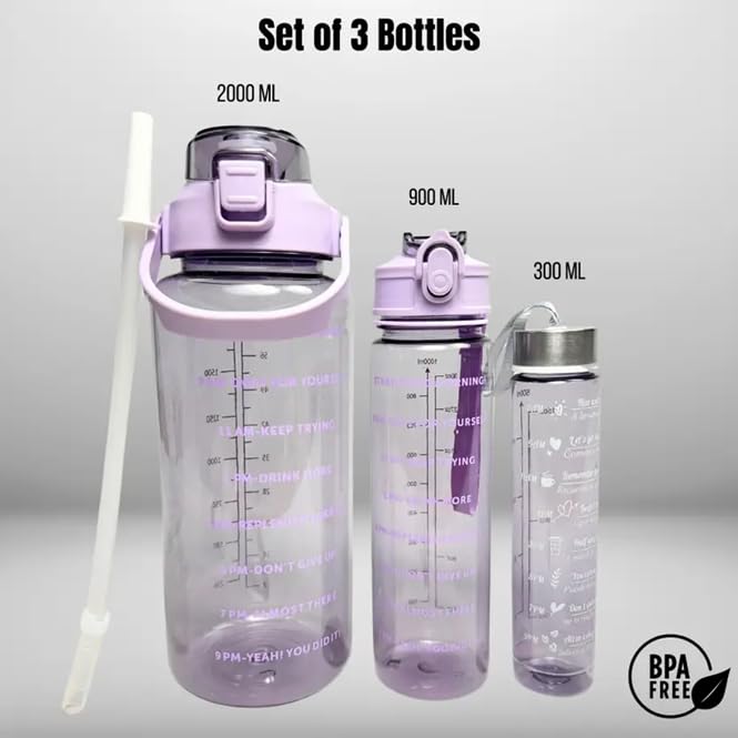 Image of Set of 3 Transparent Water Bottle 2000ML, 900ML, 300ML with Motivational Time Marker | Leak Proof&Break-Proof | Best Usage For Office /School /Gym /Travel Water Bottle