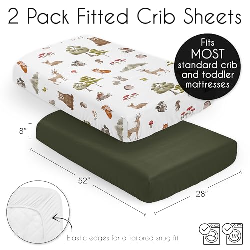 Image of Sweet Jojo Designs 2-Piece Baby Crib Sheets Set (Woodland Animals) for Boys or Girls, Infant Nursery, Toddler Room - Standard Size (Forest Animal Friends, Neutral, Bear, Hedgehog, Fox, Dark Green)