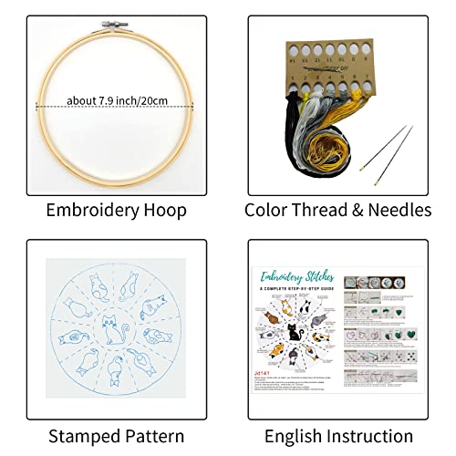 Image of Louise Maelys Cute Cat Embroidery Kit for Beginners DIY Gift Craft | Cross Stitch Kits with Cat Designs, Includes Pre-Printed Fabric, Embroidery Hoop, Threads, Needles and Guide. Needlepoint Kit