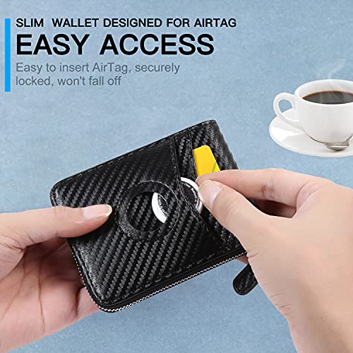 Huztencor AirTag Wallet, Mens Wallet Zipper RFID Slim Leather RFID Credit Card Wallet with Built-in Case Holder for Apple AirTag Carbon Fiber Black4