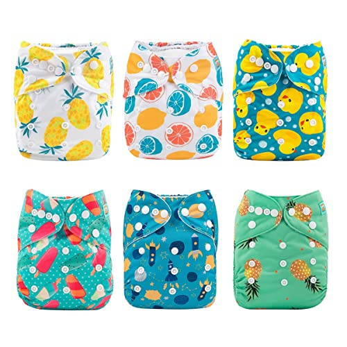 Image of ALVABABY Baby Cloth Diapers 6 Pack with 12 Inserts One Size Adjustable Washable Reusable for Baby Girls and Boys Summer Day 6DM05-DA