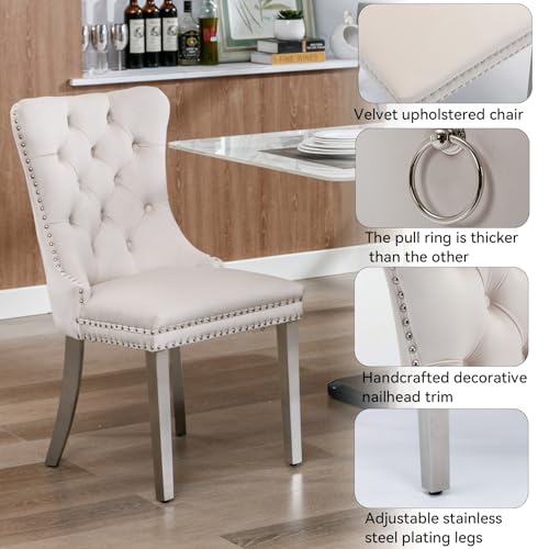 Image of 9 Pieces White Faux Marble Extendable Dining Table Set, 63 inch-94 inch Rectangular Expanding Kitchen and Dining Room Table Set for 8 with Mirrored Acrylic Base & Beige Velvet Upholstered Chairs