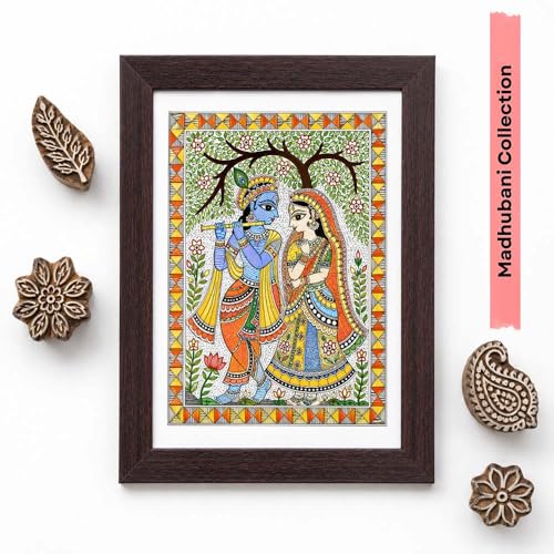 Image of PAPER PAJAMA Radha Krishna Wall Art for Living Room | Madhubani Mithila Folk Painting | Traditional Indian Devotional Artwork Framed Home Decor for Bedroom, Office & Temple (10x13 Inches)