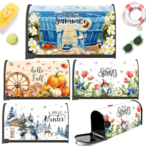 Inisajace Magnetic Mailbox Covers Standard Size 18 x 21 Inch - 4 PCS Seasonal Hello Spring Summer Fall Winter Magnetic Mailbox Covers Wraps, Outside Garden Patio Yard Home