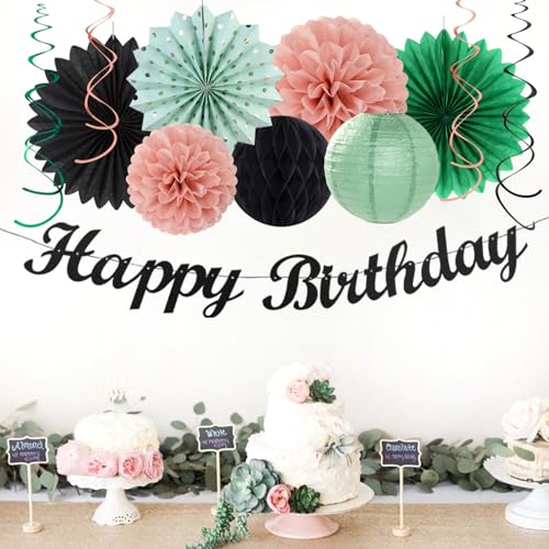 Image of Sage-Green Blush-Pink Black Birthday Party-decorations - 21pcs Girls Woman Happy Banner Garland, Paper Streamers Lanterns,Flower Tissue Pom Poms Fan Supplies,Wall Backdrop Decor Huglony