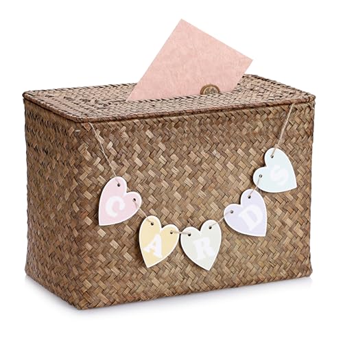Hipiwe Wedding Card Basket Box Handwoven Wedding Favors Post Boxes with Lid Seagrass Receiving Box Wedding Card Boxes for Birthdays Graduation Ceremonies Party Coffee Color