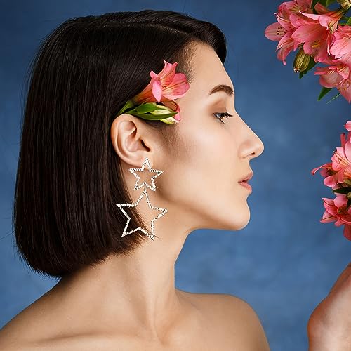 Star Earrings for Women Sparkle Silver Star Drop Earrings Rhinestone Big Star Dangle Earrings Hollow Star Dangling Earrings Long Double Star Stud Earrings Jewelry Lightweight Festival Christmas Birthday Party Jewelry Dainty Gifts for Friends (Silver double star)4