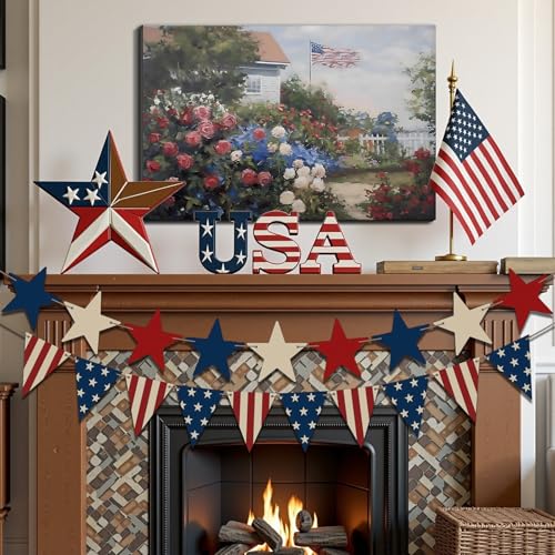 Image of Framed American Flag Cottage Rose Garden Wall Art, Patriotic Floral Canvas Art Pictures, USA Flag Wall Decor for Living Room Bedroom Bathroom, Ready to Hang Made in USA