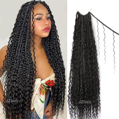 JZhair Crochet Boho Box Braids With Human Hair Curls Pre Looped Box Braids With Curly Human Hair Full Ends Hair Extensions For Women Natural Color 3 Pack 120 Strands 18 Inch
