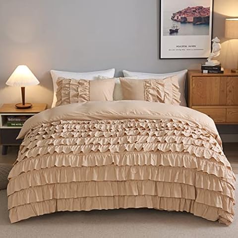 Sleepymoon Khaki Light Brown Duvet Cover Set Twin Size Waterfall Ruffle 2-Piece Soft Brushed Microfiber All Season with Zipper Closure, 1 Flounced Duvet Cover 68x90 inch and 1 Pillow Sham Cover