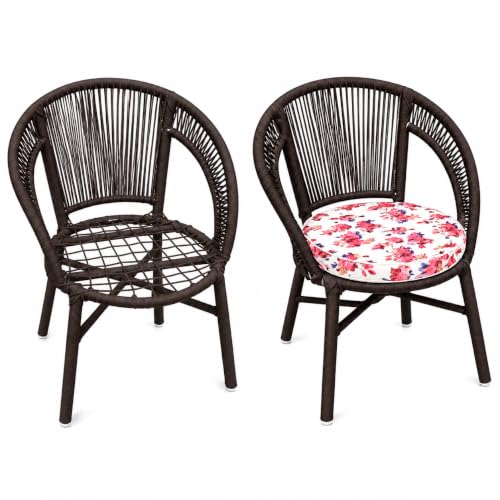 Image of India 3 Piece Outdoor Braid and Rope Patio Furniture Set Balcony Garden Lawn Deck Poolside Cafe Seating (Brown with Floral Cushion)