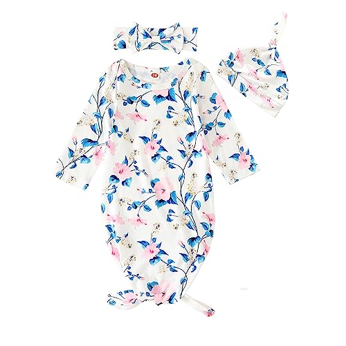 Image of Kislio Newborn Baby Girls Boy Knotted Gown Floral Nightgown Sleeper Gown Swaddle Headband Hat Coming Home Outfit Set