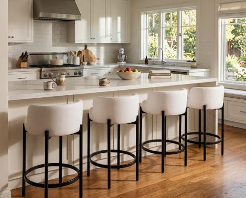Image of CIMOTA Bar Stools Set of 4, PU Leather Counter Height Barstools with Low Back and Black Thickened Metal Legs, 26 Inch Modern Island Chairs for Kitchen Island, Bar(White, 4Pcs 26 inch Counter Stools)