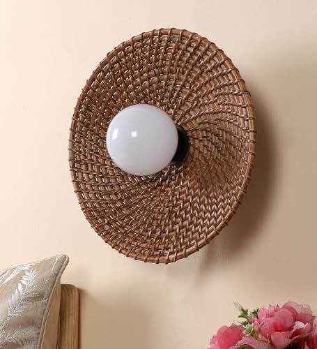Image of AKWAY Rattan wall Lamps for Living Room | Bamboo wall Lights for Bedroom | Cane wall scones for Home Decoration (Cane Small Saucer - Brown)