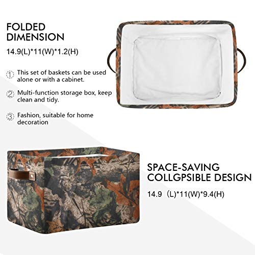 AUUXVA Rectangular Storage Basket Forest Tree Camouflage Collapsible Storage Cubes Organizer with Leather Handles for Home Organization Shelf Basket Toy Laundry Hamper Nursery