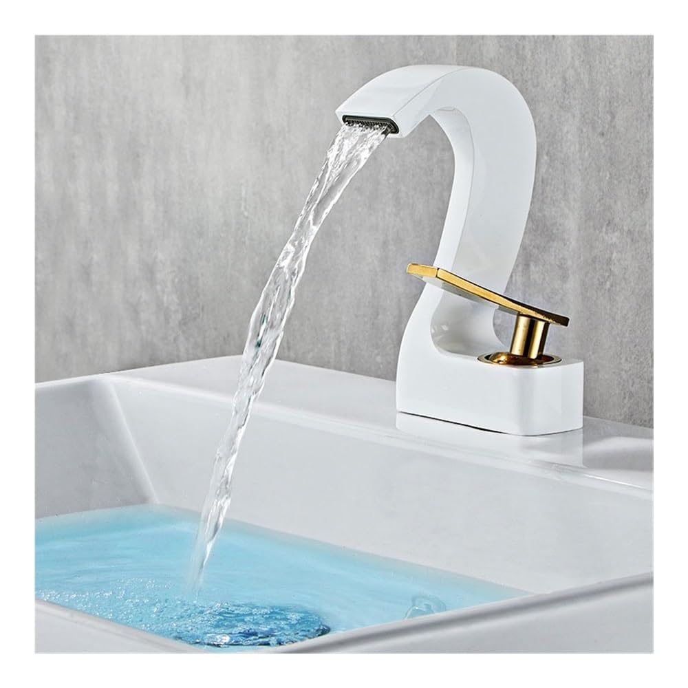 Blyqxs White With Gold Bathroom Single-Hole Basin Hot And Cold Water Faucet Washbasin Bathroom Counter Basin Faucet W3040(White With Gold)