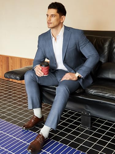 WEEN CHARM Men's 2 Piece Slim Fit Plaid Suit Business Casual Blazer Pants Set for Formal Wedding Prom Office Party3
