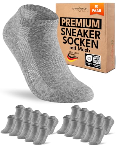 Sneaker Socken Herren 43-46 Grau Baumwolle 10 Paar Atmungsaktiv mit Mesh-Streifen