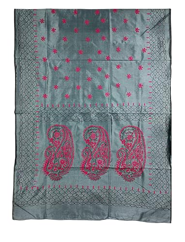 Image of SHRISTI CLOTHINGS Women's Hand Embroidered Cotton Silk Kantha Stitch Saree with Blouse Piece (J420724 GREYD45)
