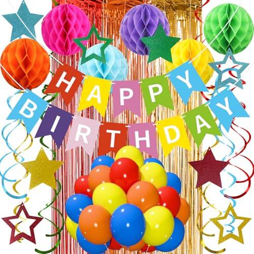 Multicolored Birthday Decorations for Women Girls, Recosis Balloons in Rainbow Tones with Happy Birthday Banner, Honeycomb Balls, Star Hanging Swirls, Foil Curtain Décor