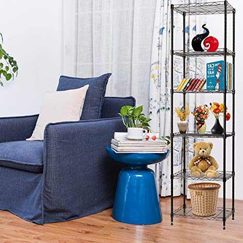 YOHKOH 6 Wire Shelving Steel Storage Rack Adjustable Unit Shelves for Laundry Bathroom Kitchen Pantry Closet 16.6" Width x 63" Height x 11.8" Depth, Black