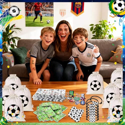 70 Stück Fußball Mitgebsel Kindergeburtstag Junge, Fussball deko Geburtstag Kinder, Party Mitgebsel mit Fußball Flipperspiel Jutebeutel Armband Schlüsselanhänger Radiergummis Bleistifte Aufkleber