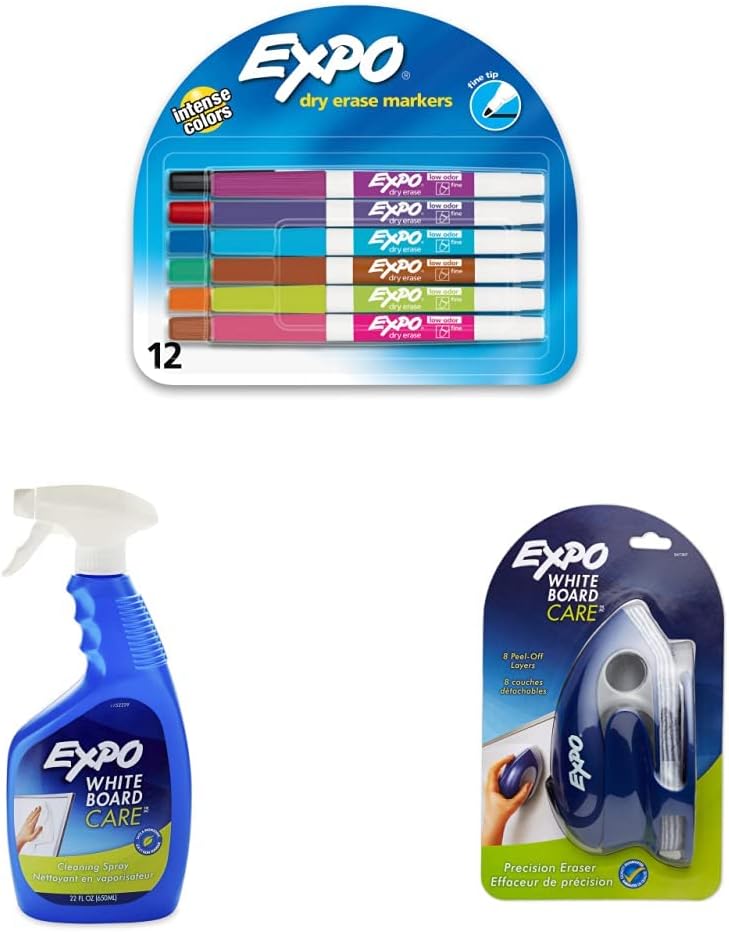 EXPO Low Odor Dry Erase Markers, Fine Tip, Assorted Colors, 12 Count & Dry Erase