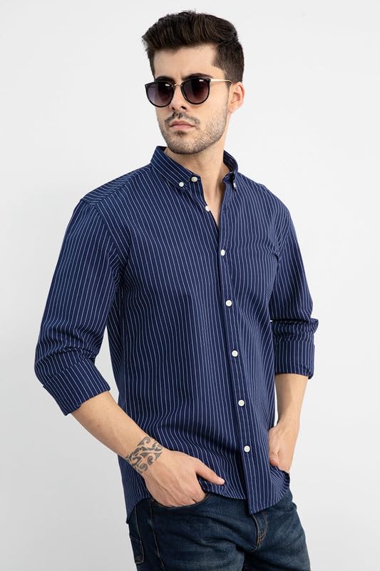 Image of SNITCH Lining Navy Spread Collar Stripe Slim Fit Shirt