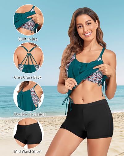 Image of Holipick Blouson Tankini Swimsuits for Women - Two Piece Tummy Control Bathing Suit with Shorts Modest Swimwear