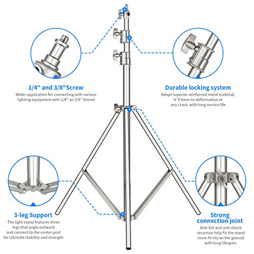 Image of NEEWER 118 inch /3m Stainless Steel Light Stand, Spring Cushioned Heavy Duty Photography Tripod with 1 /4 inch to 3 /8 inch Universal Screw Adapter for Strobe, LED Video Light, Ringlight, Monolight, Softbox