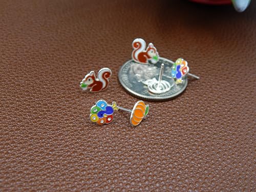 925 Sterling Silver Set of 3 pairs Fall/Thanksgiving Theme Squirrel w/Acorn Orange Pumpkin Turkey Stud Earrings4