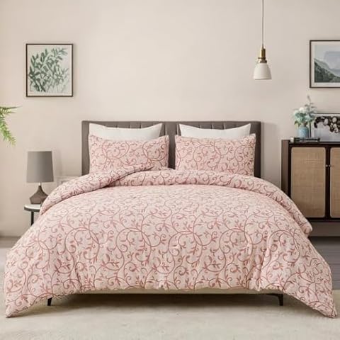 Bedduvit Pink Comforter Queen Size - Farmhouse Cotton Floral Queen Comforter Set for Girls, 3 Pieces Ultra Soft Jacquard Embroidery Comforters, All Season Botanical Bedding Comforter Sets, 90"x90" Cover