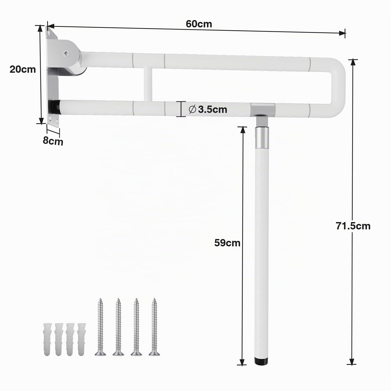 Wandstützgriff Stützhilfe WC Haltegriff 60CM Toiletten Stützklappgriff rutschfest für Senioren Klappbar wc Aufstehhilfe Wandmontage Belasten Sie bis zu 150 kg