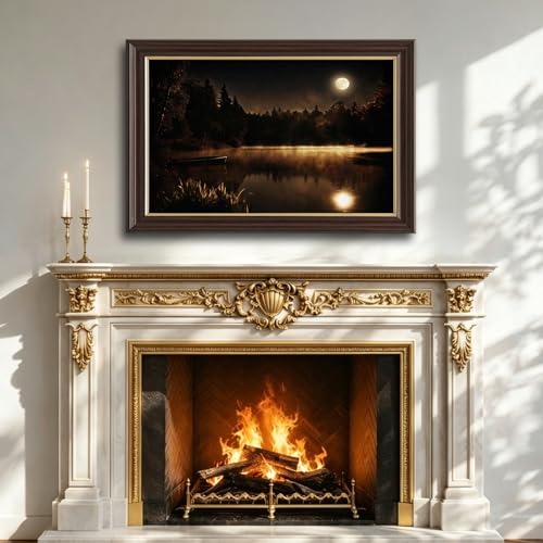 Image of Framed Vintage Moonlit Lake Canvas Wall Art, Misty Forest Night Landscape Canvas Prints Pictures, Dark Nature Wall Decor for Living Room Bedroom Farmhouse Home Aesthetic