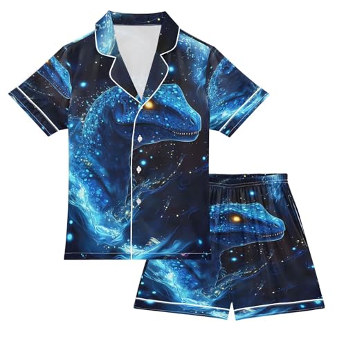 ALAZA Blue Starry Dragon Satin Pajamas Set Short Sleeve Button Down Sleepwear Summer Pjs 2 Piece
