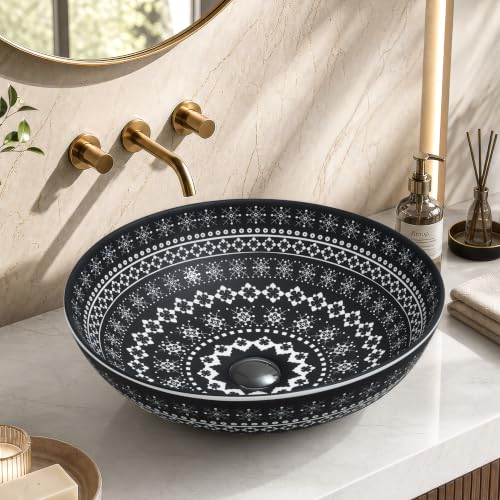 Image of Plantex Ceramic Round Wash Basin for Bathroom /Designer Table Top Washbasin /Countertop Hand Basin for Restaurant /Hotel (15.5x15.5x4.5 Inch - Black & White)