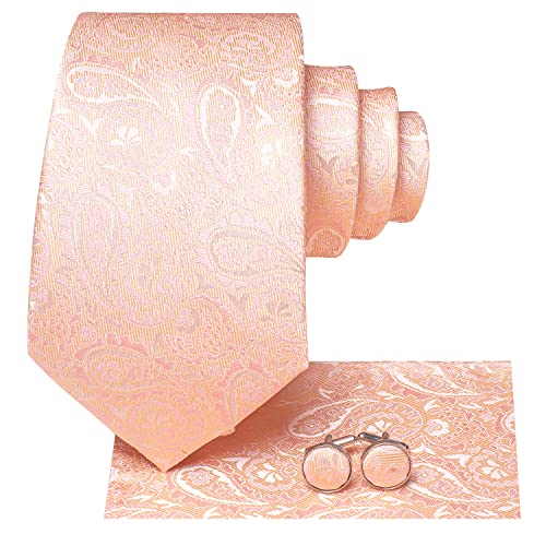 Image of Dubulle Mens Paisley Striped Tie and Handkerchief Cufflinks Tie Set for Men Wedding Business Formal,Incarnadine Pink