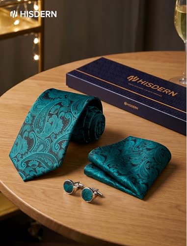 Image of HISDERN Ties for Men Paisley Tie and Pocket Square Cufflinks Set Formal Classic Floral Necktie Handkerchief Wedding Party