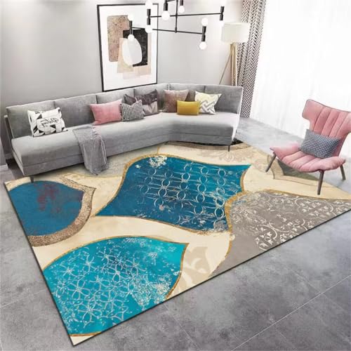 Tapis de salon bleu 140x210 cm grand format antidérapant style rétro - 2