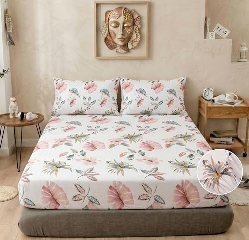 Image of VAS COLLECTIONS Cloud Cotton Corner Elastic Fitted Double Bedsheet Set (78 x 72 + 8 Inches) with 2 Pillow Covers | 160-180 TC Soft Breathable Cotton Fitted Sheet | Bed Sheet (Rose Petal Garden)