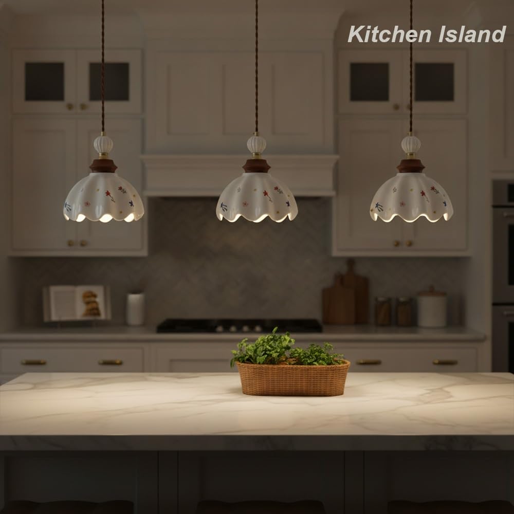Pendelleuchte Keramik Gefaltet Skandinavisch, Hängelampe Blütenform aus Porzellan Vintage Landhausstil Wellen Design Kronleuchter für Nachttisch Café Kücheninsel