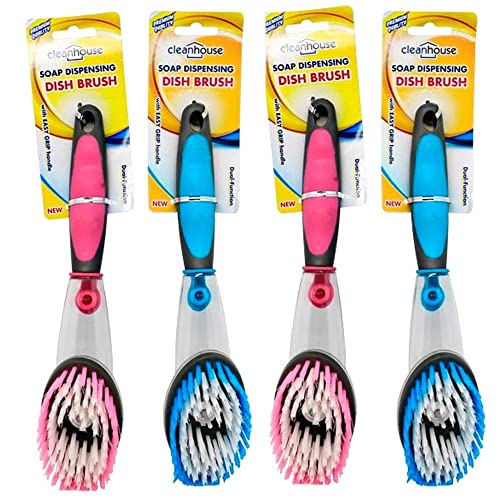 4pc Soap Dispensing Dish Bristles Brushes Sponge Head Kitchen Clean Scrub Brush Dish Brush with Soap Dispenser Scrubber Kitchen Scrub Pots Pans Kitchen Sponge Brush Bowls Cleaning Bathroom Dispenser