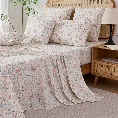 Image of FADFAY Twin Double Gauze Floral Sheet Set, Soft Breathable Multicolor Botanical Sheets for Dorm, Kids Room or Guest Bed, Spring Summer Bedding