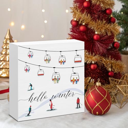 Image of Winter Ski Decor, Hello Winter Wood Box Sign, Farmhouse Christmas Snow Decoration for Home Office Table Shelf 5 X 5 Inches