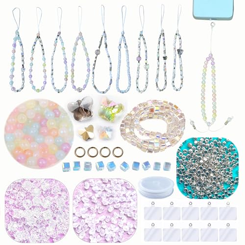 AOUXSEEM Beaded Mobile Phone Chains Making Kit, Can Make 10 Pcs Cell Phone Wrist Straps, Assorted Crystal Diamond/Butterfliy/Metal/Round Beads for Girls DIY Handmade Gifts