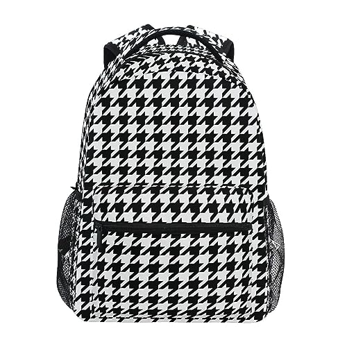 Black-white Houndstooth Backpack Water-Resistant Lightweight Bookbags Travel Bag with Mesh Side Pockets