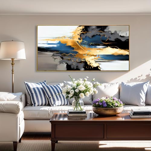 Tableau abstrait noir jaune bleu grand format 60x130cm encadré