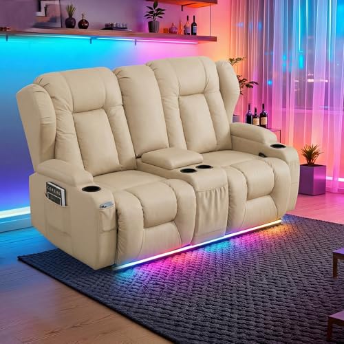 Image of SAMERY 65.5 inch Loveseat Recliner Sofa | Double Recliner Sofa & Console | Wall Hugger Loveseat Reclining RV Theater Seats | RV Couch Home Theater Seating Furniture (Fabric Beige)